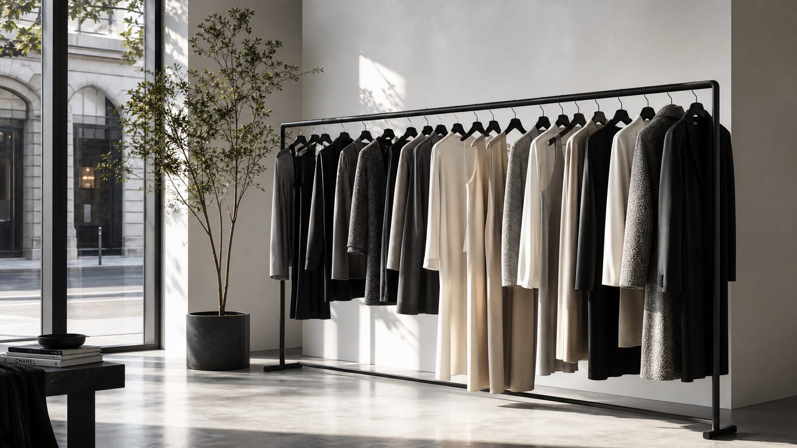 Interior elegante y minimalista de una boutique de lujo con prendas curadas