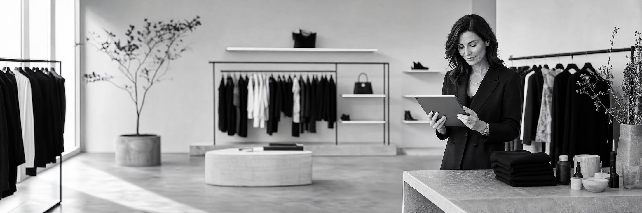 Dueña de boutique gestionando inventario con una tablet en un espacio minimalista