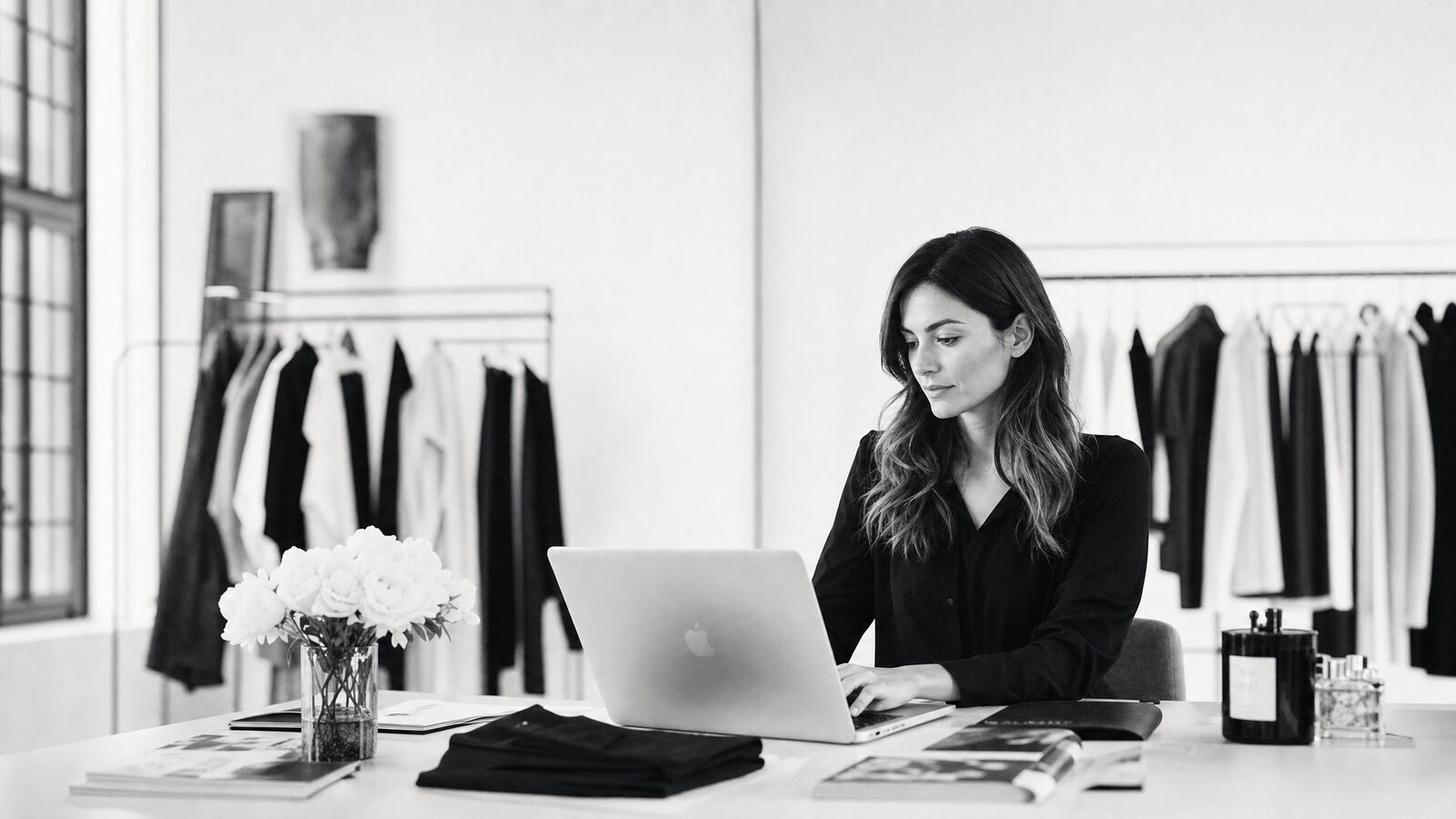 Emprendedora de moda gestionando su boutique con una laptop en un espacio minimalista